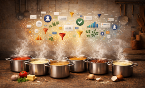 six sauces with fundraising data boiling out